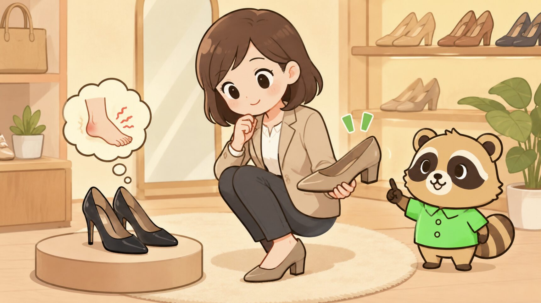 低く太めのヒールで安定感のある仕事用パンプスを選ぶ大人女性