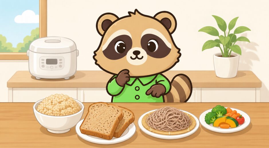 明るいキッチンのテーブルで、緑のシャツを着たかわいいたぬきが玄米ごはん、全粒粉パン、そば、野菜のおかずを前に主食を選んでいるイラスト