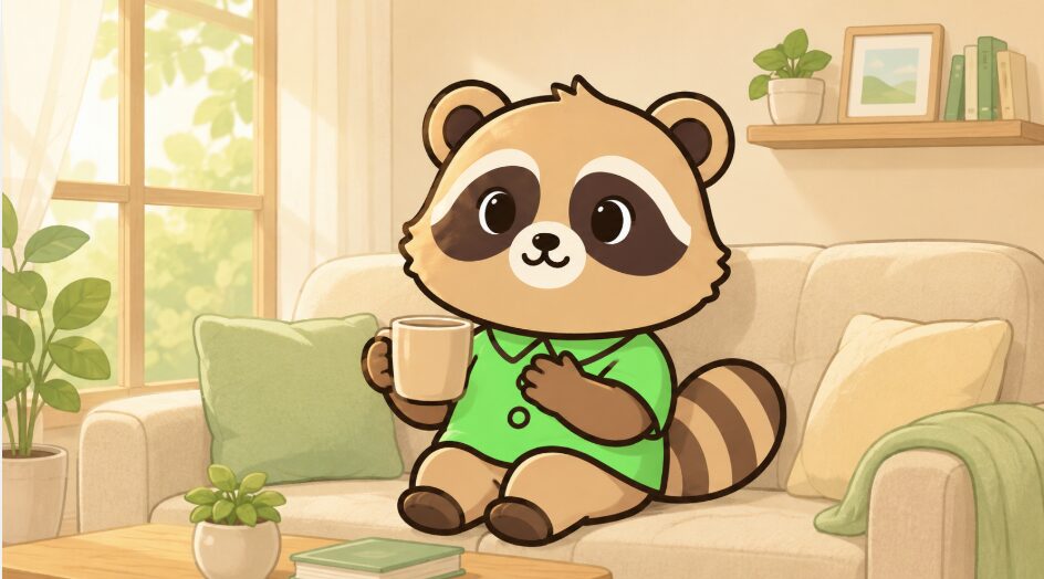 明るいリビングのソファで、緑のシャツを着たかわいいたぬきがマグカップを持ち胸に手を当てて穏やかにくつろいでいるイラスト