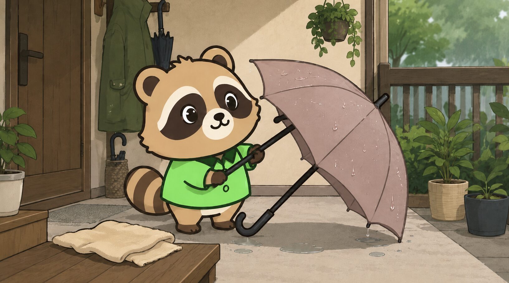 濡れた傘を玄関の日陰で開いて乾かす緑シャツのたぬき