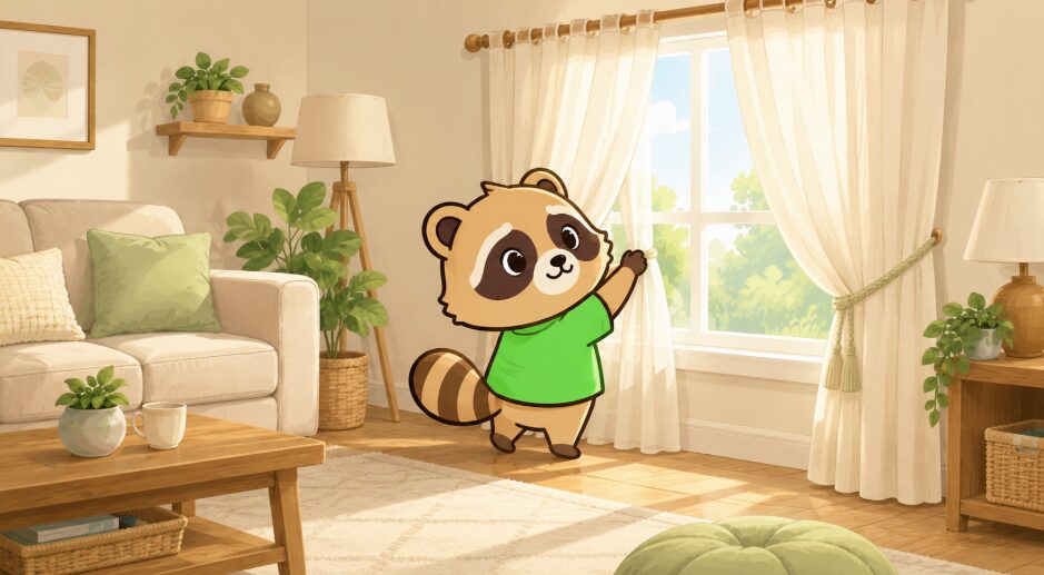 みどりシャツのたぬきが明るいリビングでアイボリーのカーテンを整え、風水カラーを暮らしに取り入れる様子