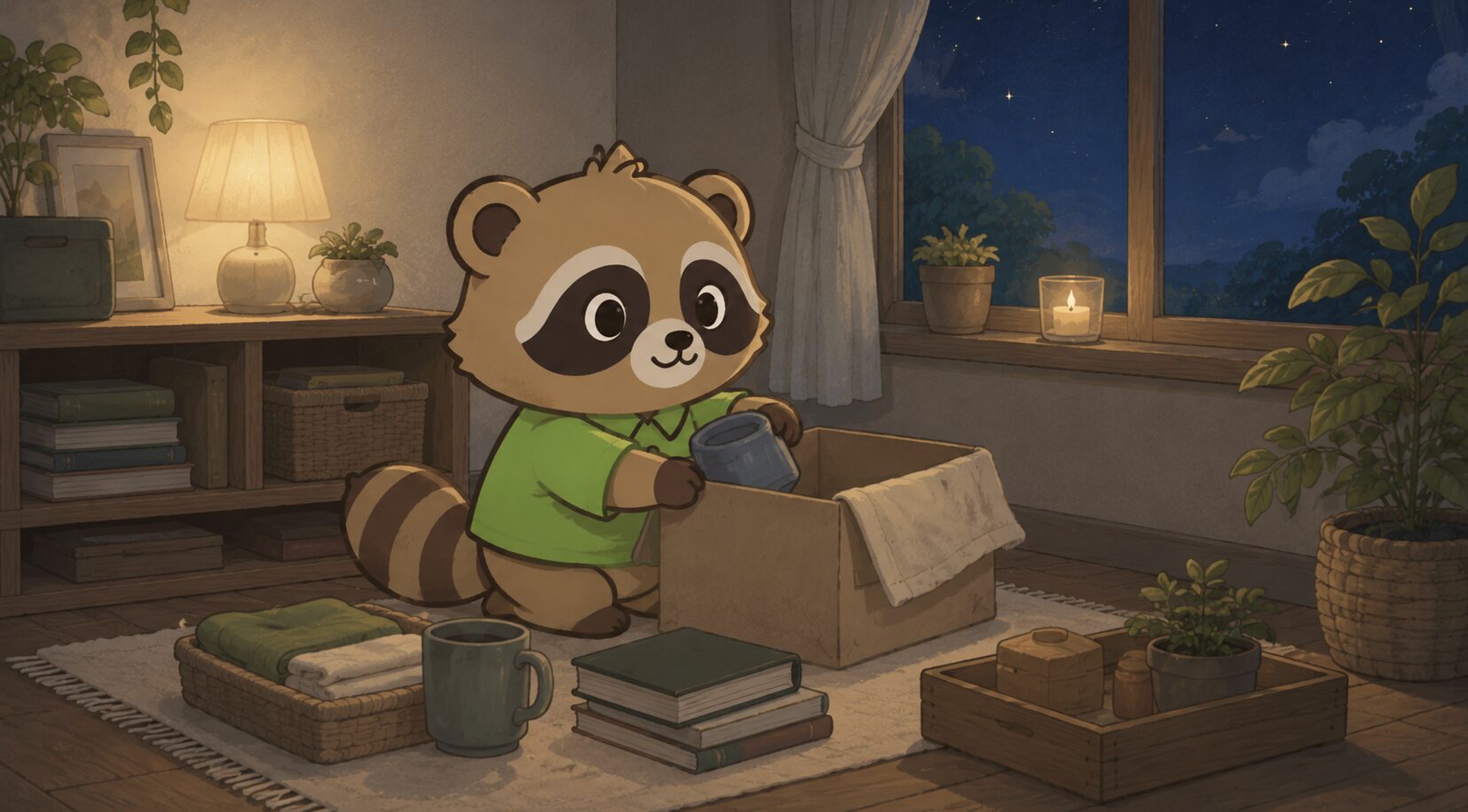 満月の日に身の回りの不要な物を一つだけ整理して手放す緑シャツのたぬき