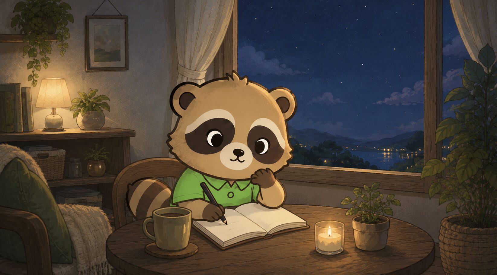 満月の夜にノートへ感謝できることを書きながら一日を振り返る緑シャツのたぬき