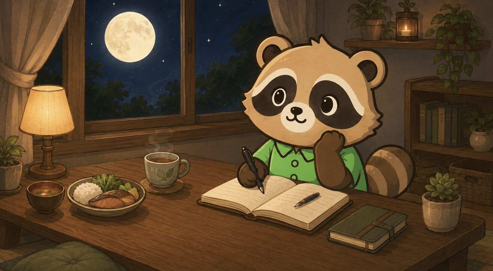 満月の夜に続けられたことや感謝をノートに書くたぬき
