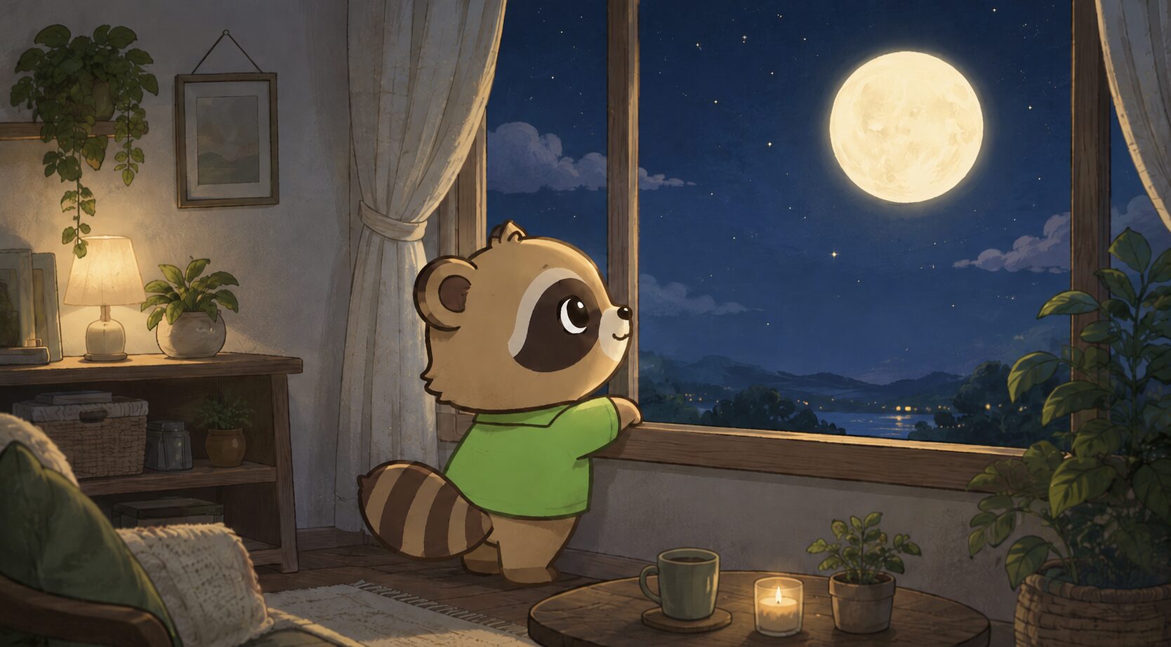 満月の夜に自宅の窓辺から月を眺めて心を休める緑シャツのたぬき