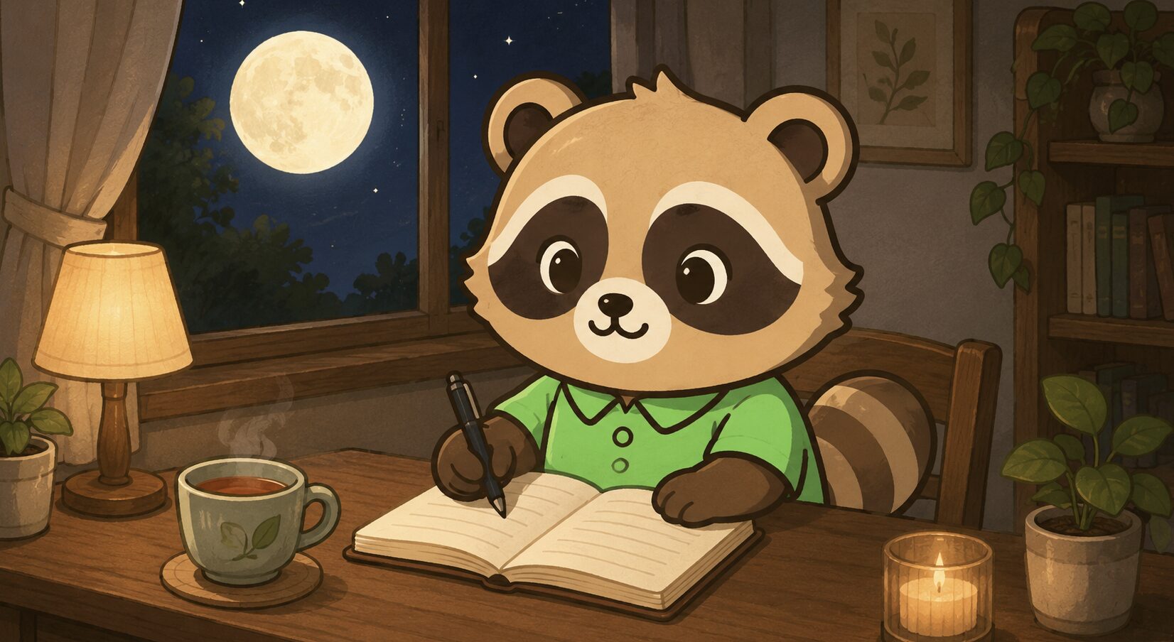 満月を眺めながらノートに願い事を書く緑シャツのたぬき