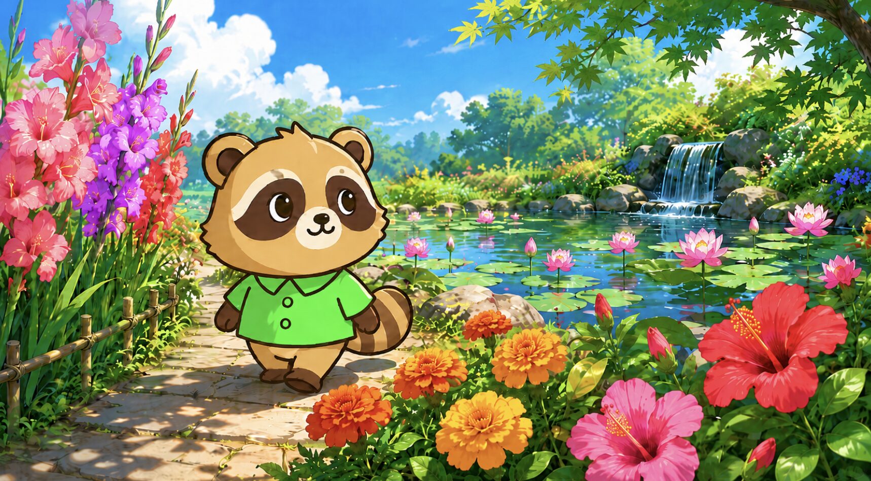 ハイビスカスやマリーゴールド、ハスやスイレンが咲く7月8月の夏の庭を歩くたぬき