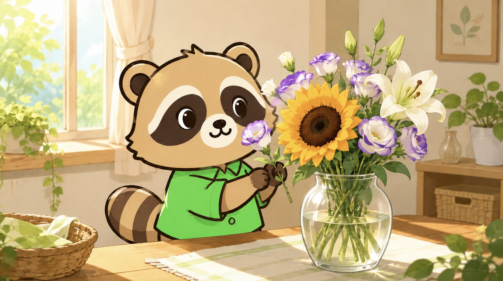 7月の花として人気のひまわりやユリ、トルコキキョウを部屋に飾るみどりシャツのたぬき