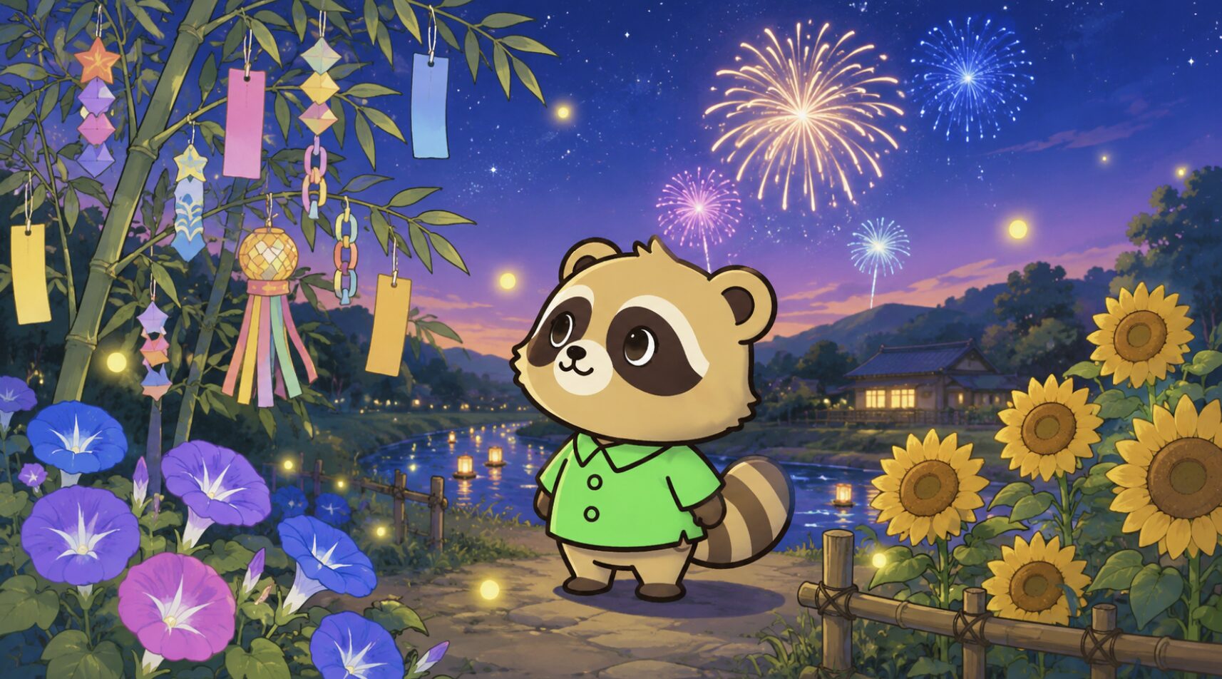 七夕飾りと花火、ひまわりや朝顔に囲まれて夏の夜空を見上げる緑シャツのたぬき