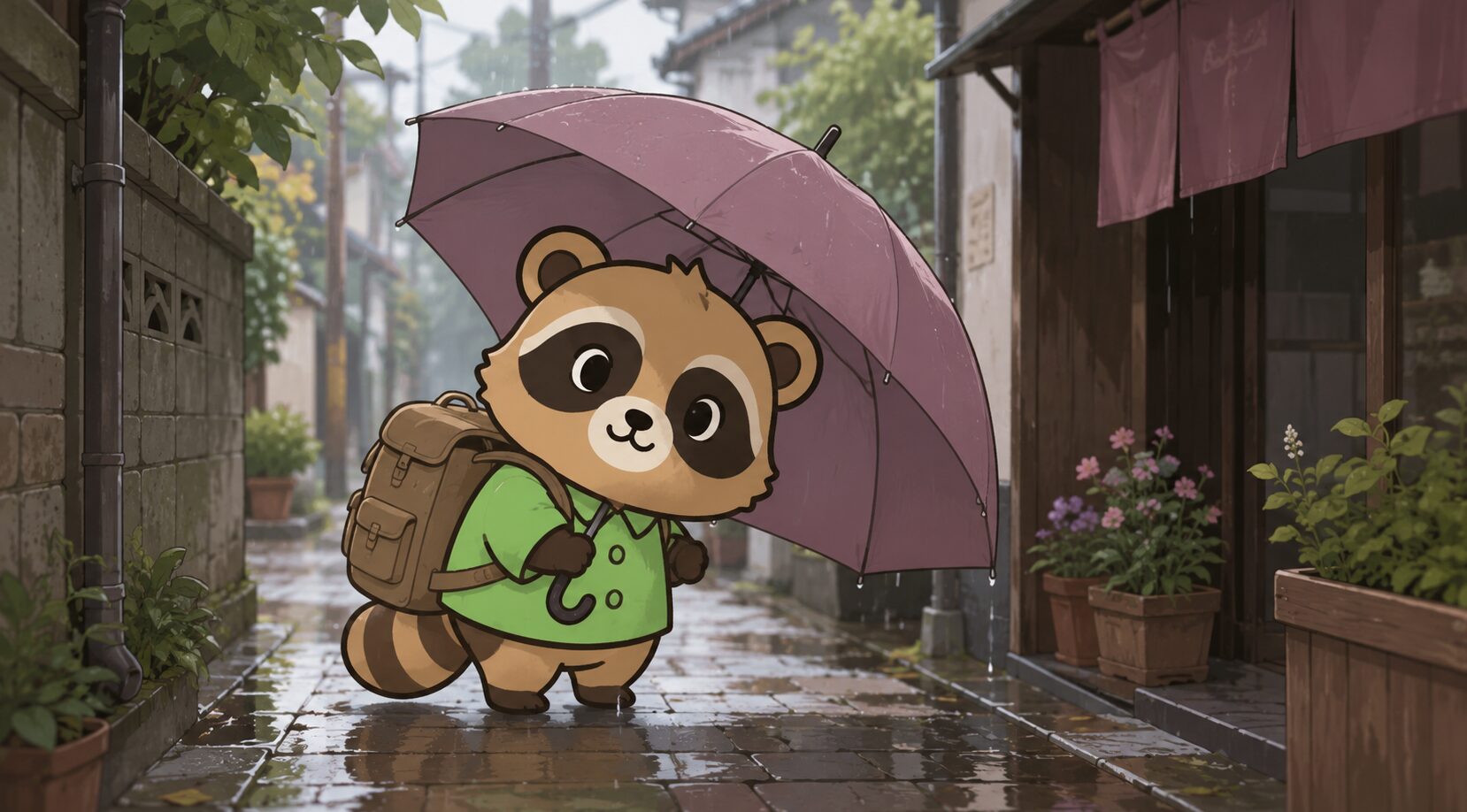 大きなリュックを守る広めの傘を傾けて狭い雨道を歩く緑シャツのたぬき