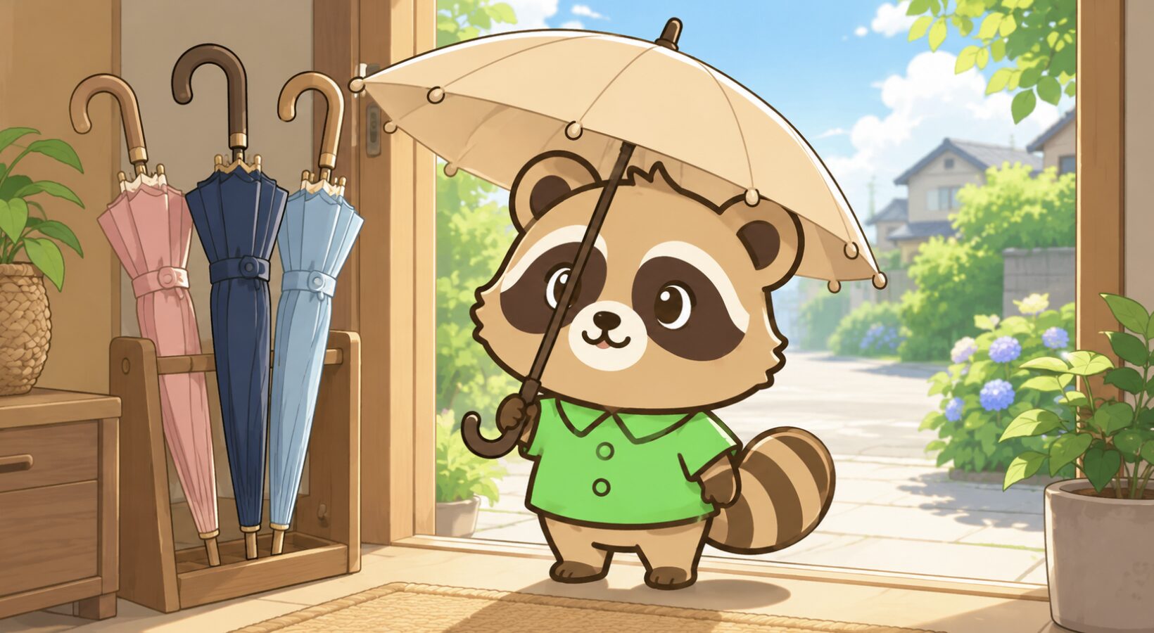 玄関でベージュの日傘を差すみどりシャツのたぬきが、開運カラーの日傘選びを楽しむイラスト