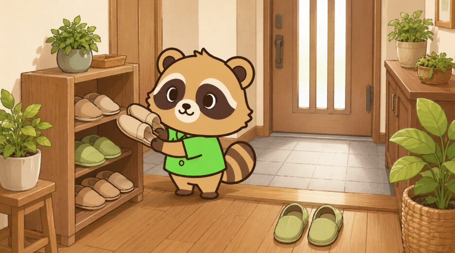 玄関のスリッパラックにベージュと緑のスリッパを整えて収納するたぬきのイラスト