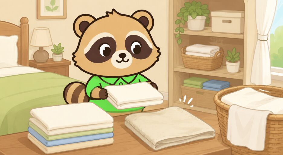 洗い替えを整理し、傷んだ枕カバーを確認するたぬき