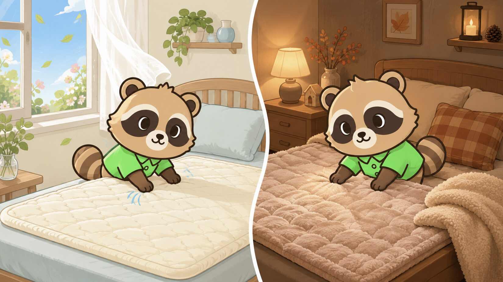 春夏のさらっとした敷きパッドと秋冬の起毛敷きパッドを比べるたぬき