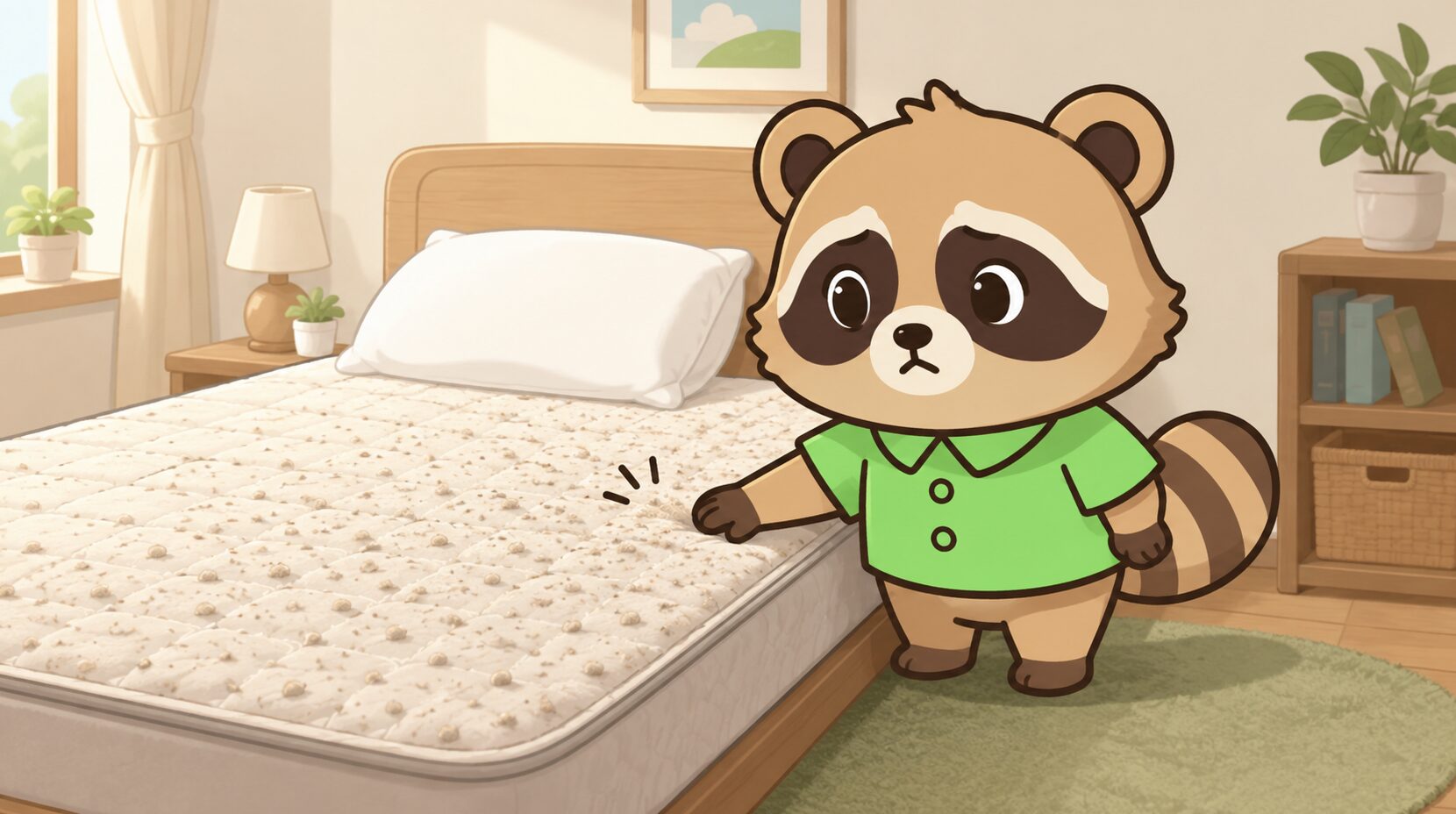 毛玉だらけの敷きパッドのざらつきを確認する緑のシャツのたぬき