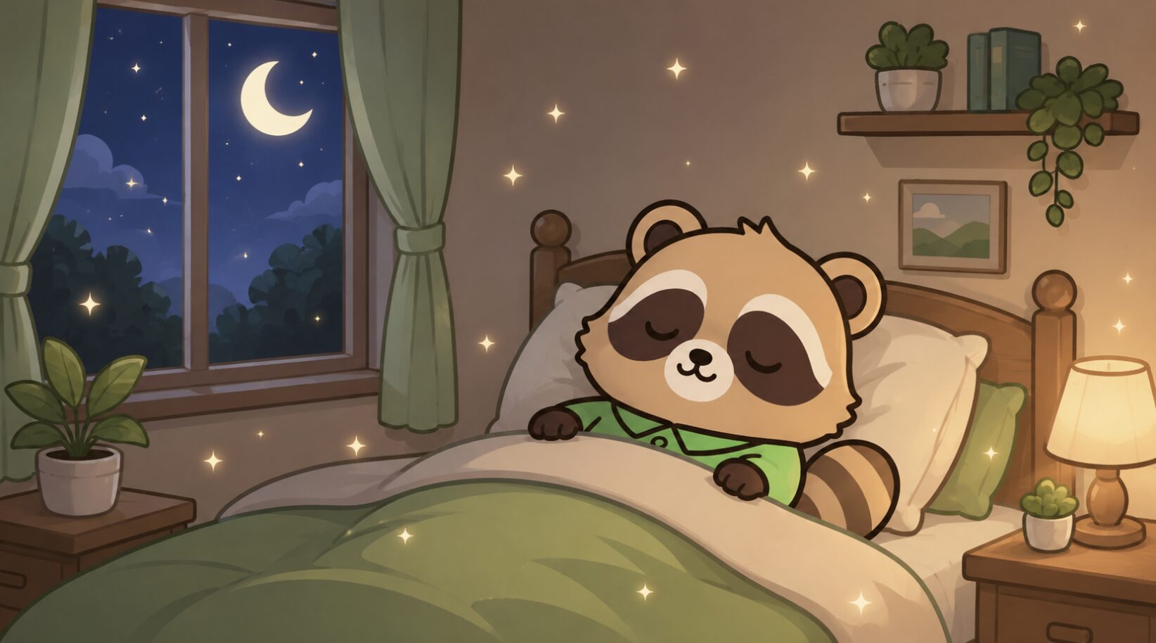 月明かりの寝室で布団に包まれて眠る緑シャツのたぬきキャラクター