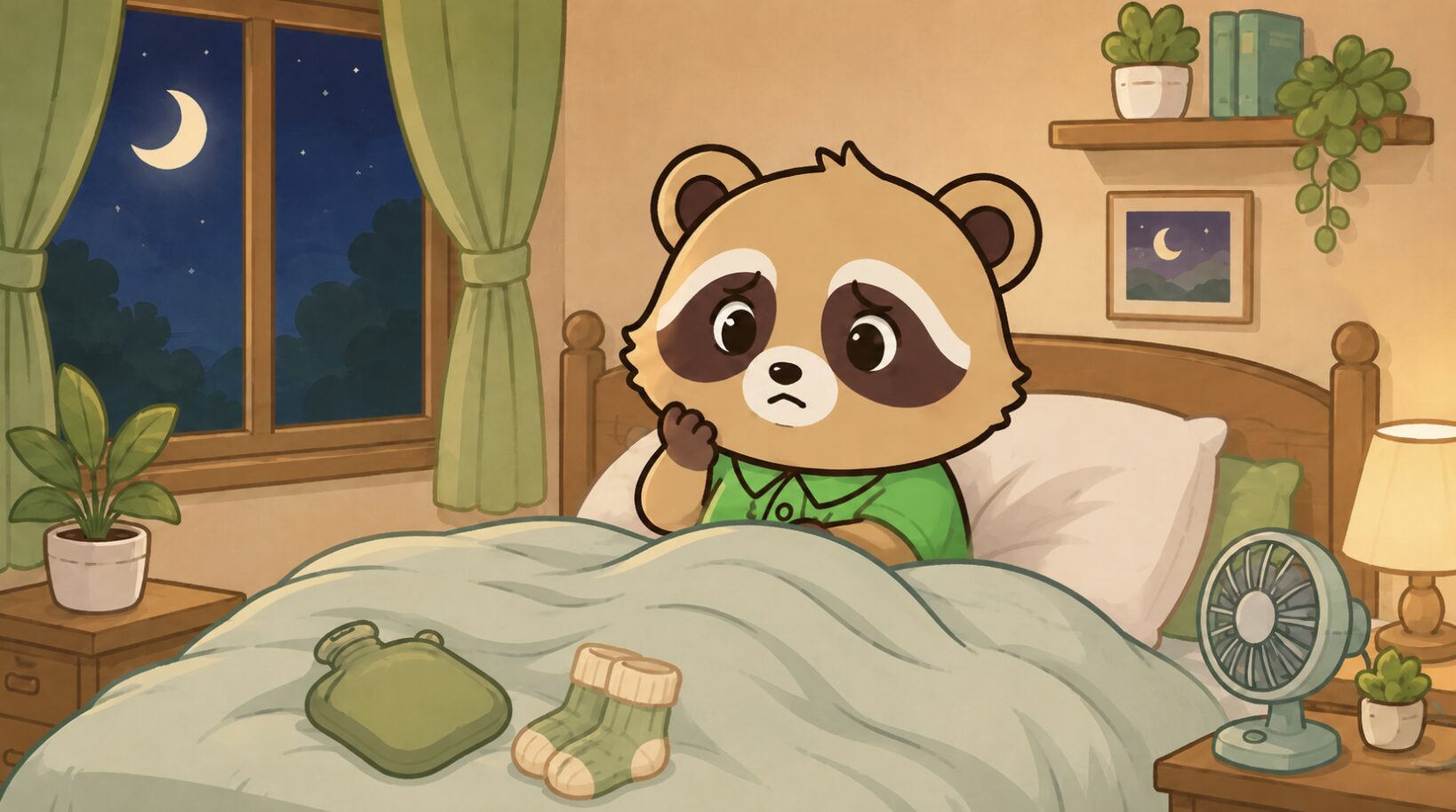 冷えやほてりで眠りにくい夜に布団の中で考える緑シャツのたぬきキャラクター