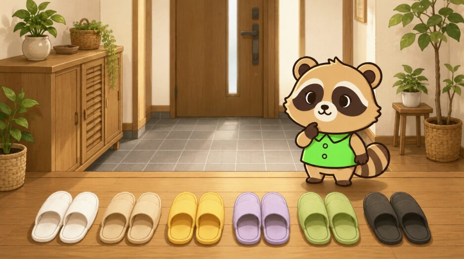 白やベージュ、黄色、ラベンダー、緑、黒のスリッパを見比べて選ぶたぬきのイラスト