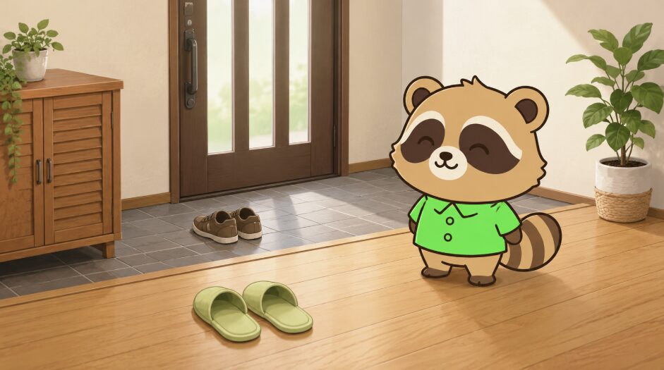 玄関のたたきに外履きをそろえ、室内用スリッパへ履き替えるたぬきのイラスト