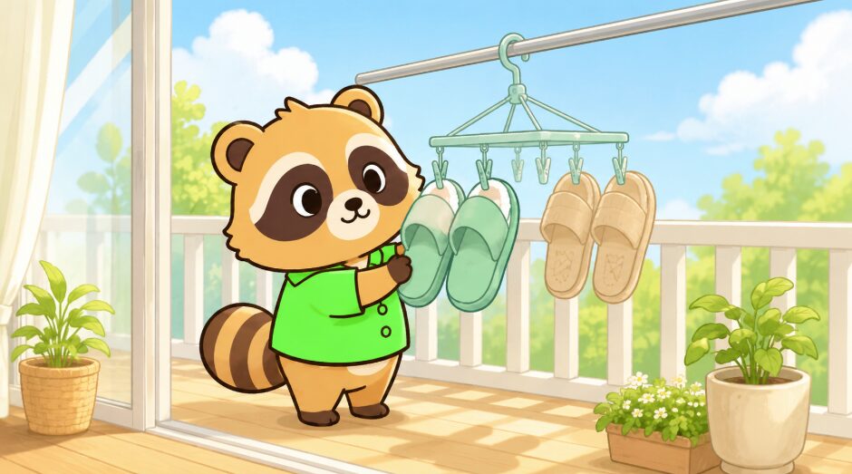 洗ったスリッパをベランダで干して乾燥させるたぬき
