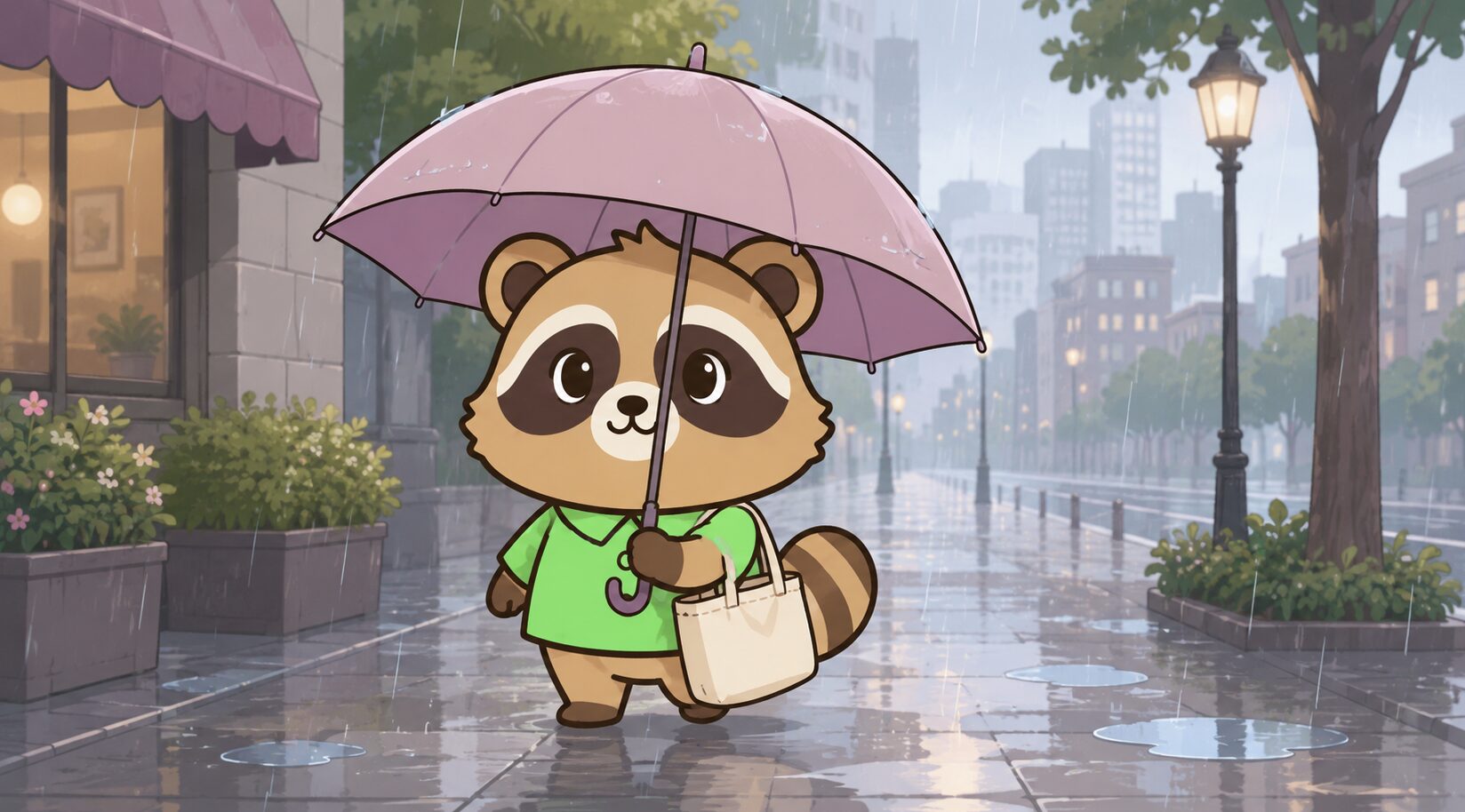 雨の街で60cm前後の傘を差しバッグまで雨から守る緑シャツのたぬき