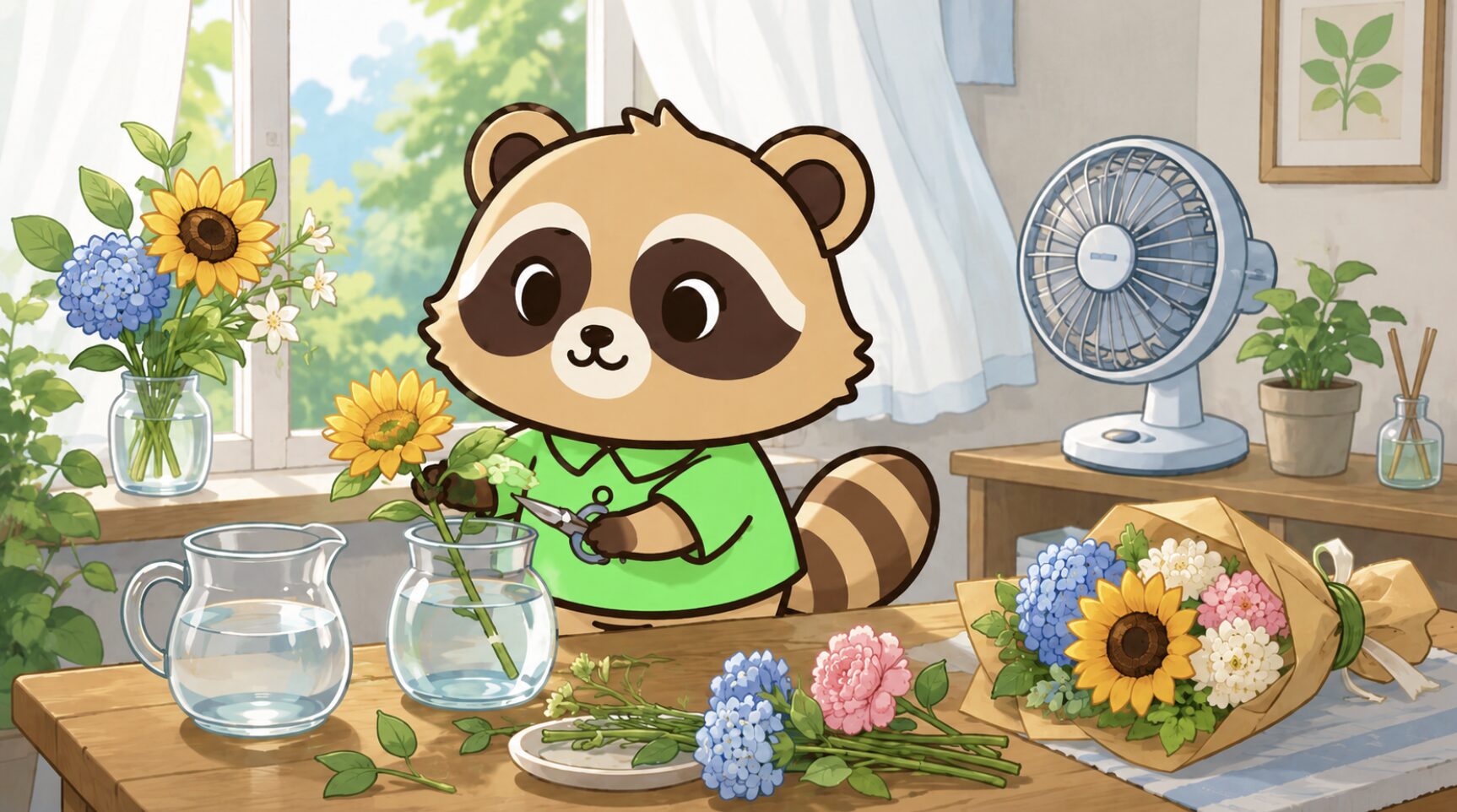 夏の切り花を長持ちさせるために茎を切り戻し花束を整えるみどりシャツのたぬき