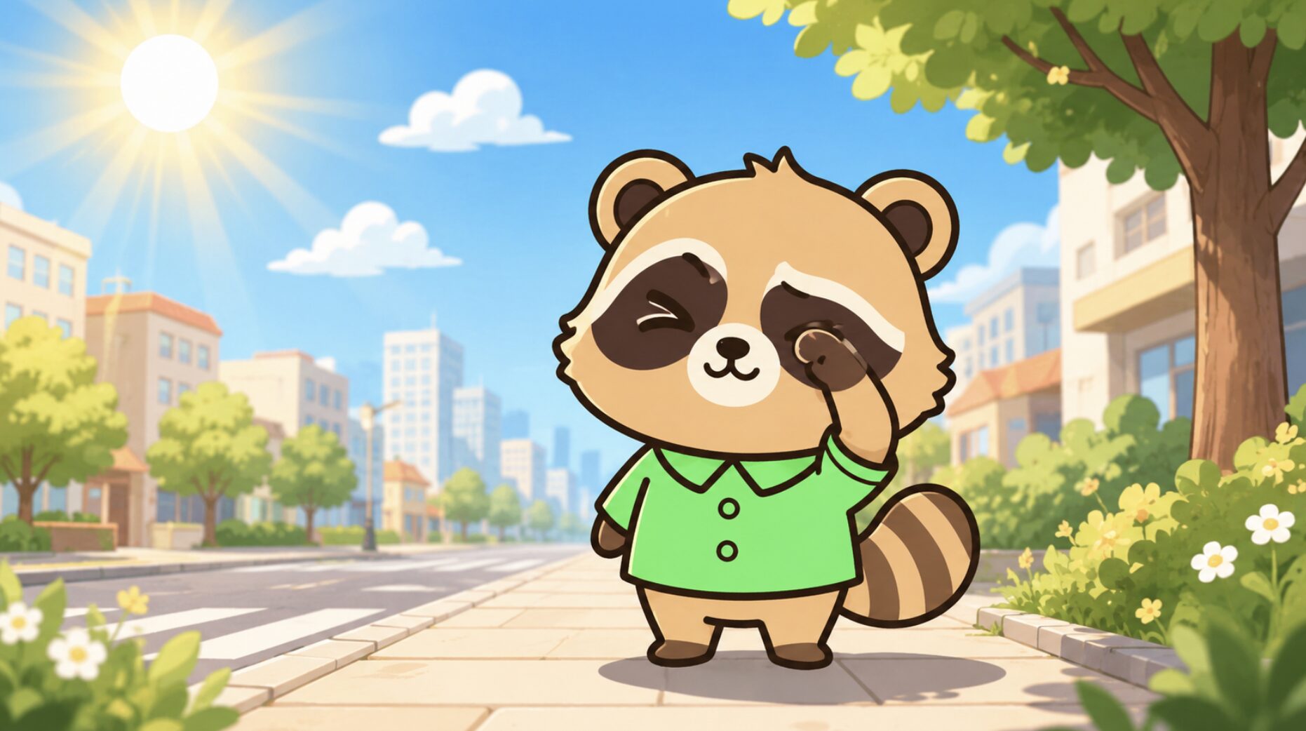 強い日差しの中で目を細める緑シャツのたぬきが、サングラスの必要性と目の保護を伝えるイラスト