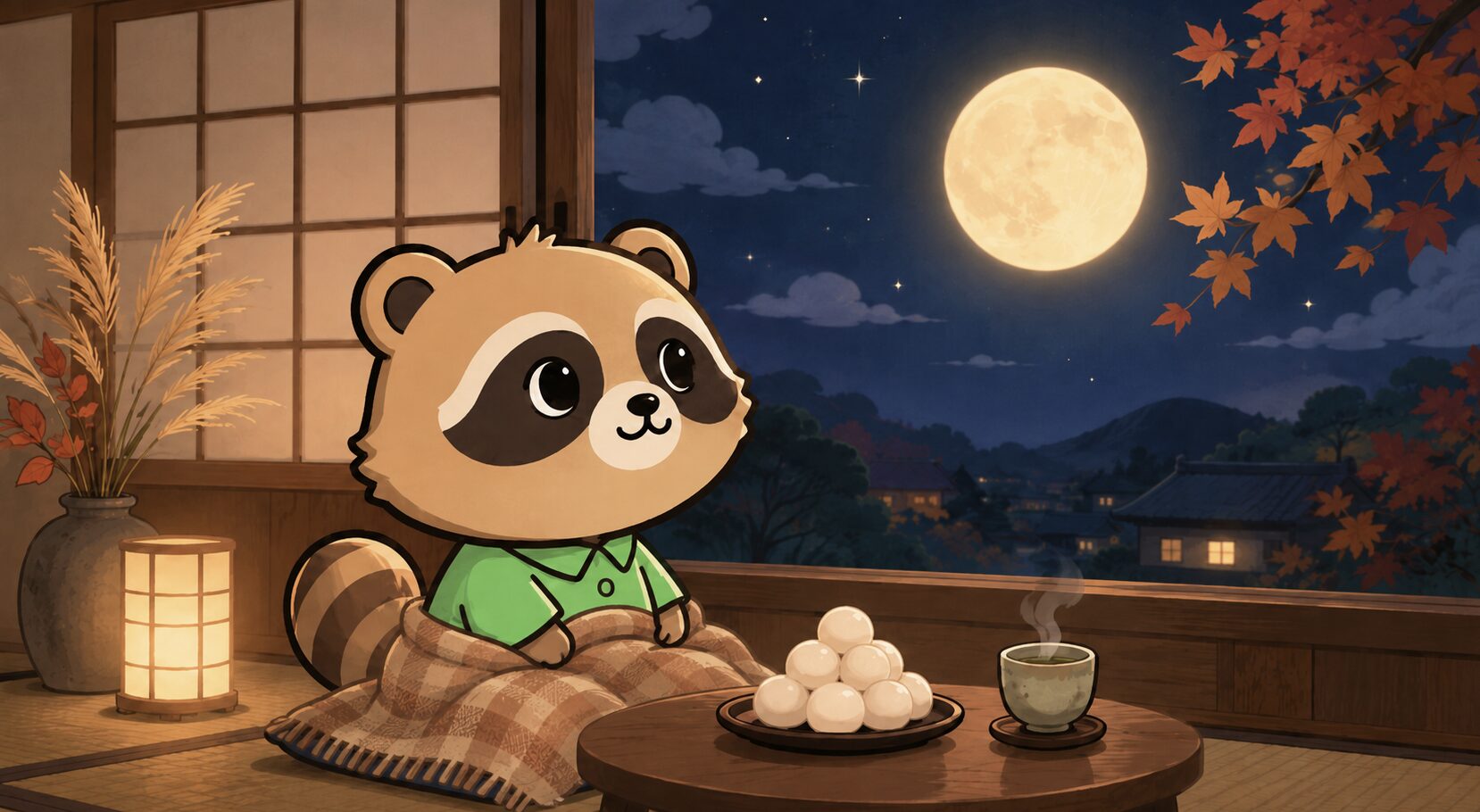 膝掛けをかけた緑シャツのたぬきが、月見団子と温かいお茶を用意して中秋の名月を眺める様子