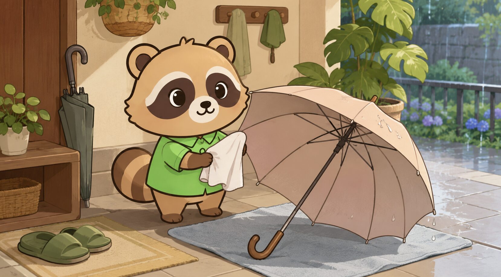 雨傘を長持ちさせるため玄関の日陰で水滴を拭いて乾かす緑シャツのたぬき