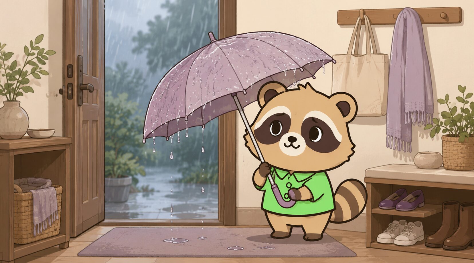水をはじかなくなった傘を玄関で確認する緑シャツのたぬき