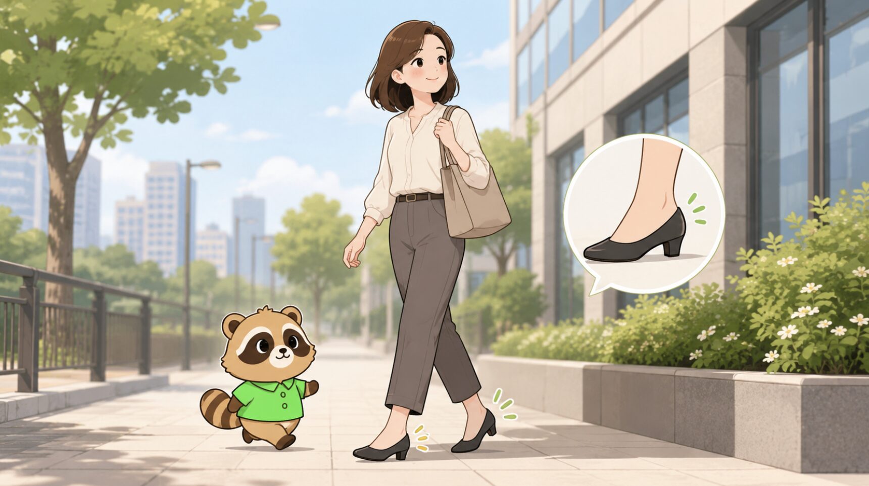 低く安定した仕事用パンプスを履き、通勤路を快適に歩く大人女性
