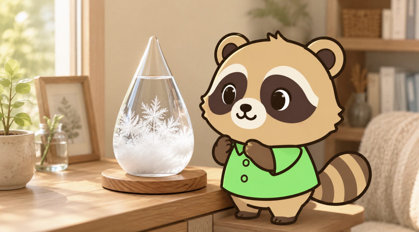 白い結晶が広がるストームグラスを眺める緑のシャツのたぬき