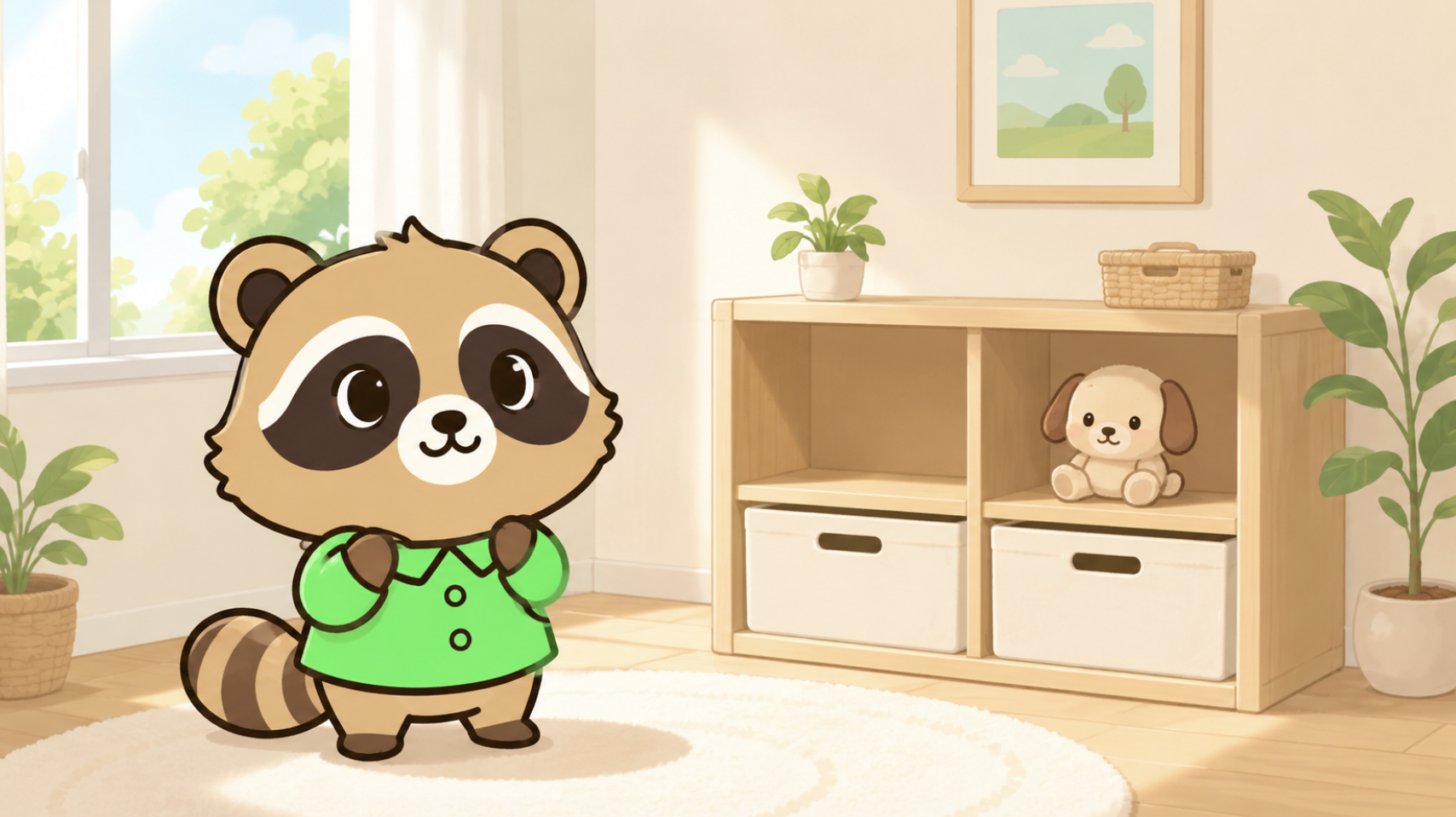 ぬいぐるみを整理し、大切な一つを棚に残した明るい部屋と緑シャツのたぬき