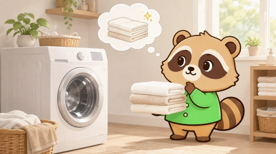 新品タオルを使う前に洗う準備をする緑シャツのたぬき