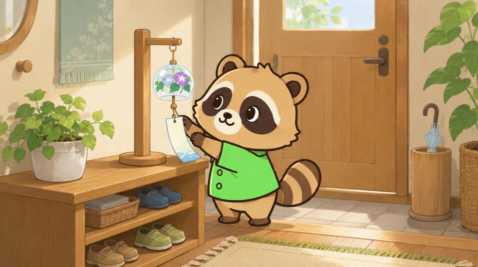 玄関の棚に置いた風鈴スタンドでガラス風鈴を楽しむ緑シャツのたぬき