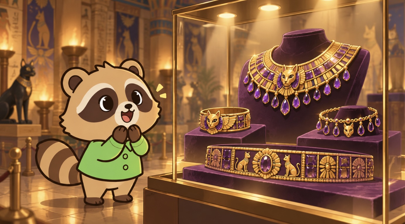 古代エジプトのアメジストと金を組み合わせた装身具を展示ケース越しに眺める緑シャツのたぬきのイラスト