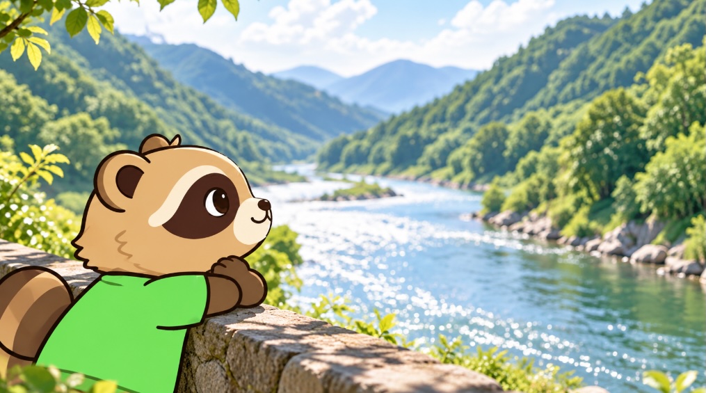 山あいを流れる川の景色を眺める緑シャツのたぬき