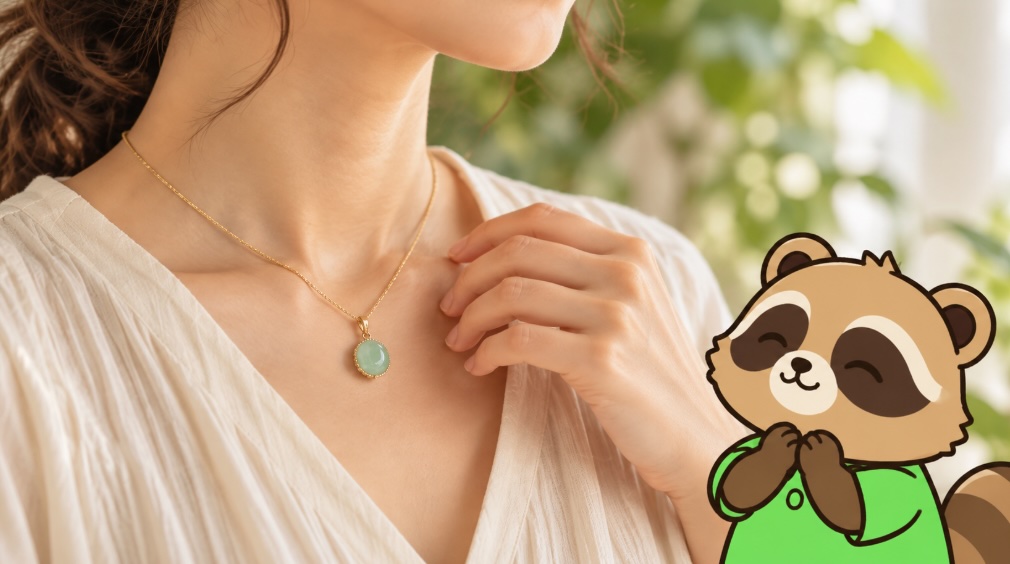 白い服に小さな翡翠ネックレスを合わせた女性と緑シャツのたぬき