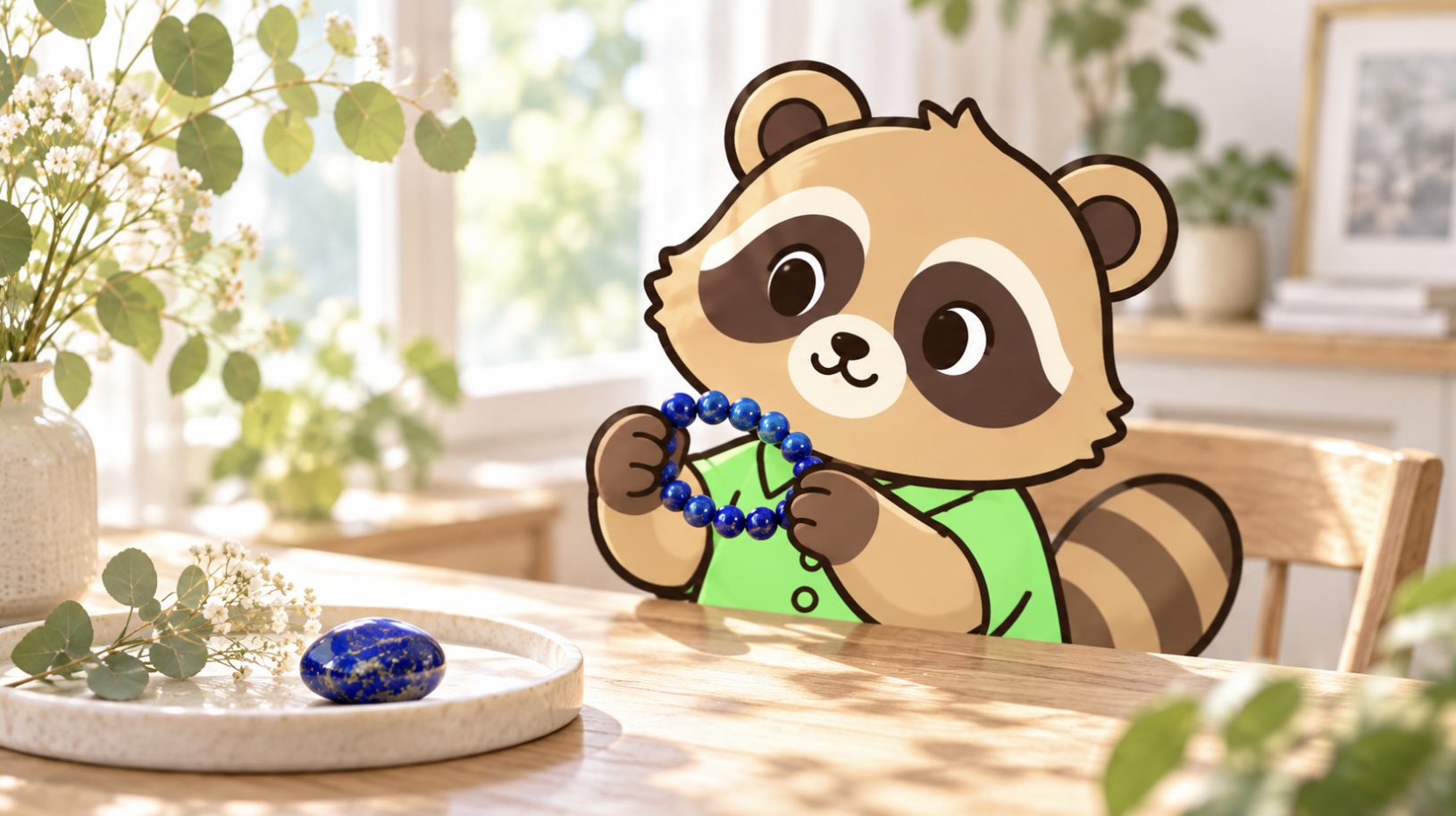 ラピスラズリのブレスレットを手に取り眺める緑のシャツのたぬき