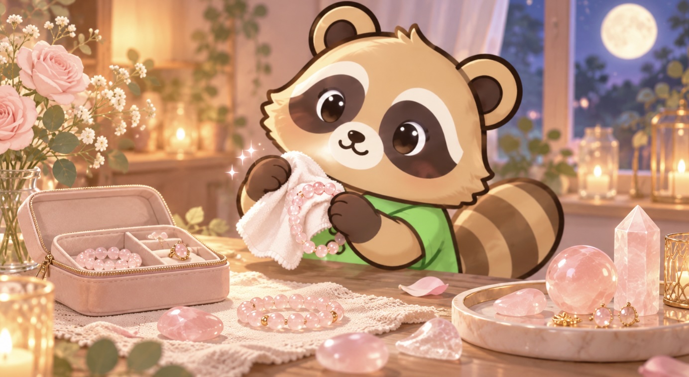 柔らかい布でローズクォーツのブレスレットを拭く緑シャツのたぬきとアクセサリーケースのイラスト