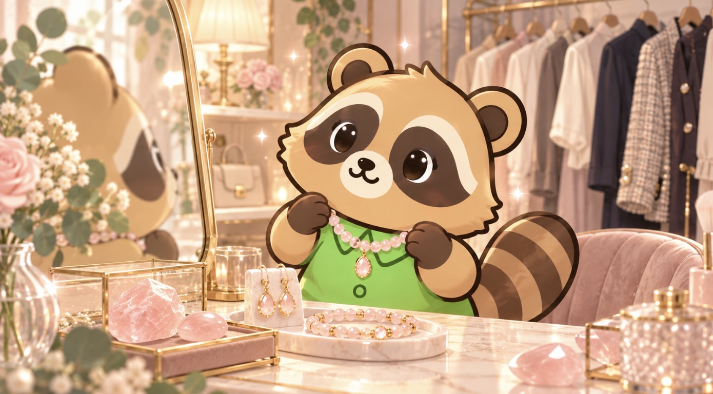 鏡の前でローズクォーツのネックレスを合わせる緑シャツのたぬきとピンク色のアクセサリーのイラスト