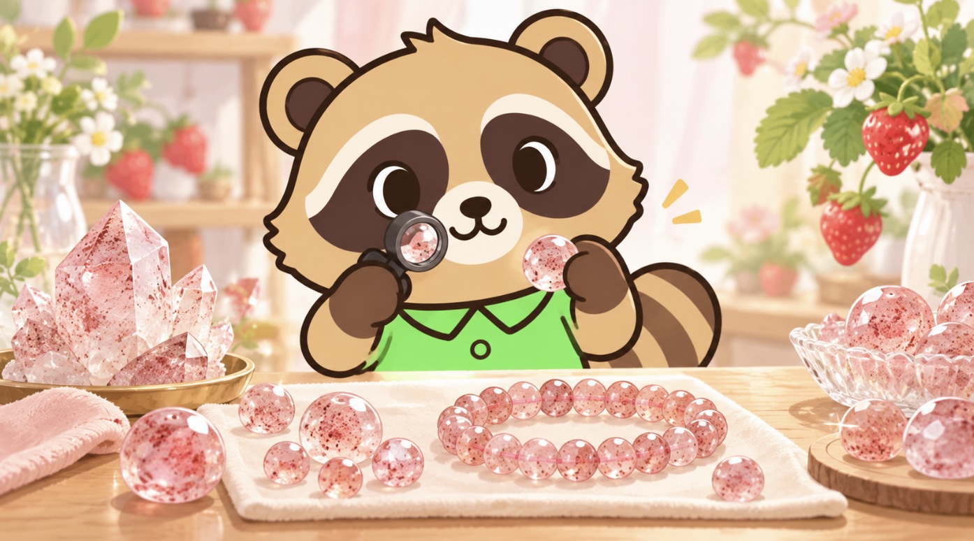 ストロベリークォーツの原石やブレスレットを観察する緑のシャツのたぬきのイラスト