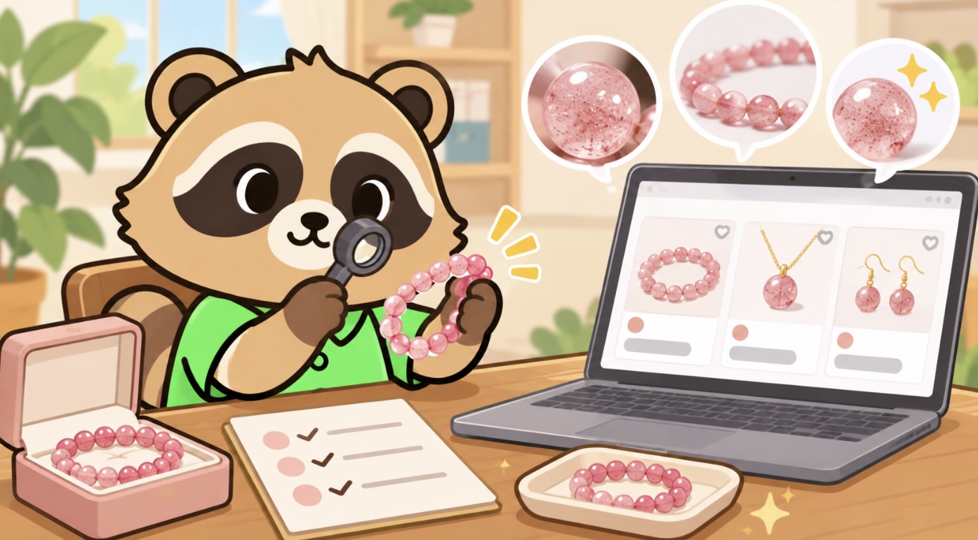 ネット通販でストロベリークォーツのブレスレットや商品情報を確認するたぬきのイラスト