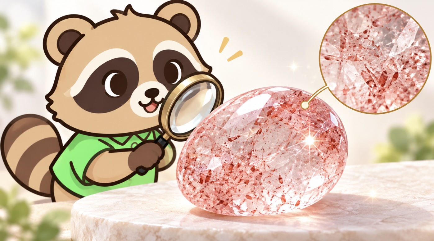 ストロベリークォーツの赤い内包物を虫眼鏡で観察するたぬきのイラスト