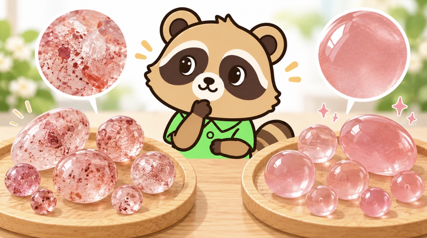 天然ストロベリークォーツとチェリークォーツの色や模様を見比べるたぬきのイラスト