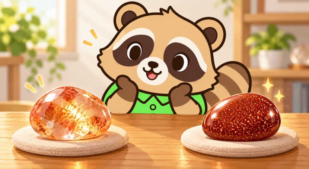 天然サンストーンと人工ガラスのゴールドストーンを並べて見比べる緑シャツのたぬきのイラスト