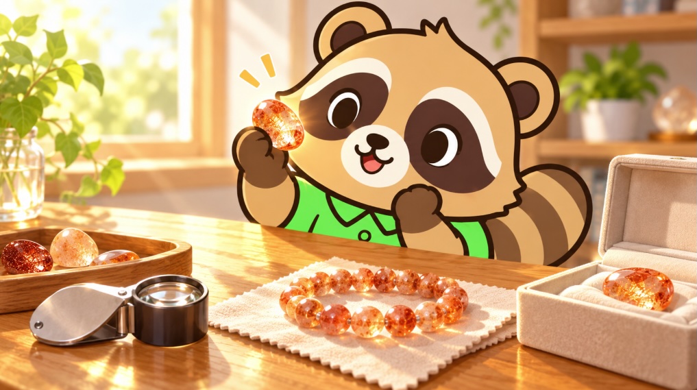 窓辺でサンストーンを光にかざし、色や内部のきらめきを確認する緑シャツのたぬきのイラスト