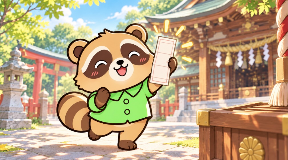 神社でおみくじを掲げてうれしそうに喜ぶ緑シャツのたぬきのイラスト