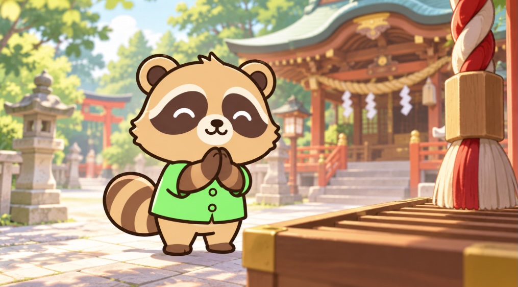 神社の拝殿の前で手を合わせて参拝する緑シャツのたぬきのイラスト